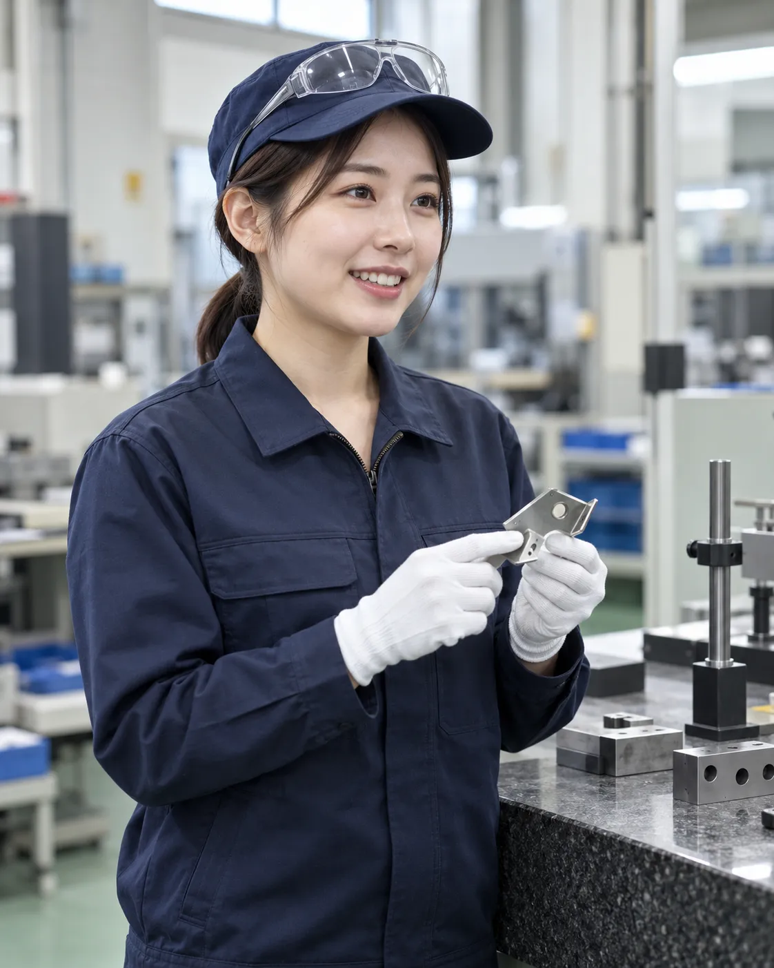 検査室の石定盤の横で、手袋をした手にプレス部品を持ち、穏やかに笑って話す女性社員