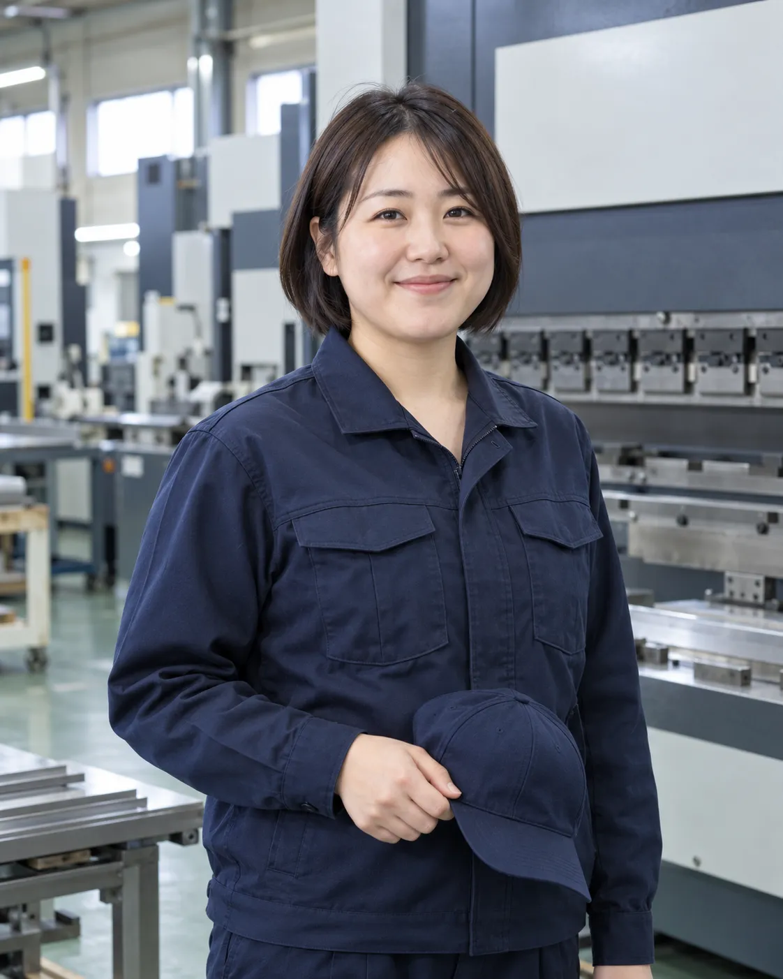 ベンディングマシンの前で、キャップを片手に持って笑顔でこちらを見る短い髪の女性社員