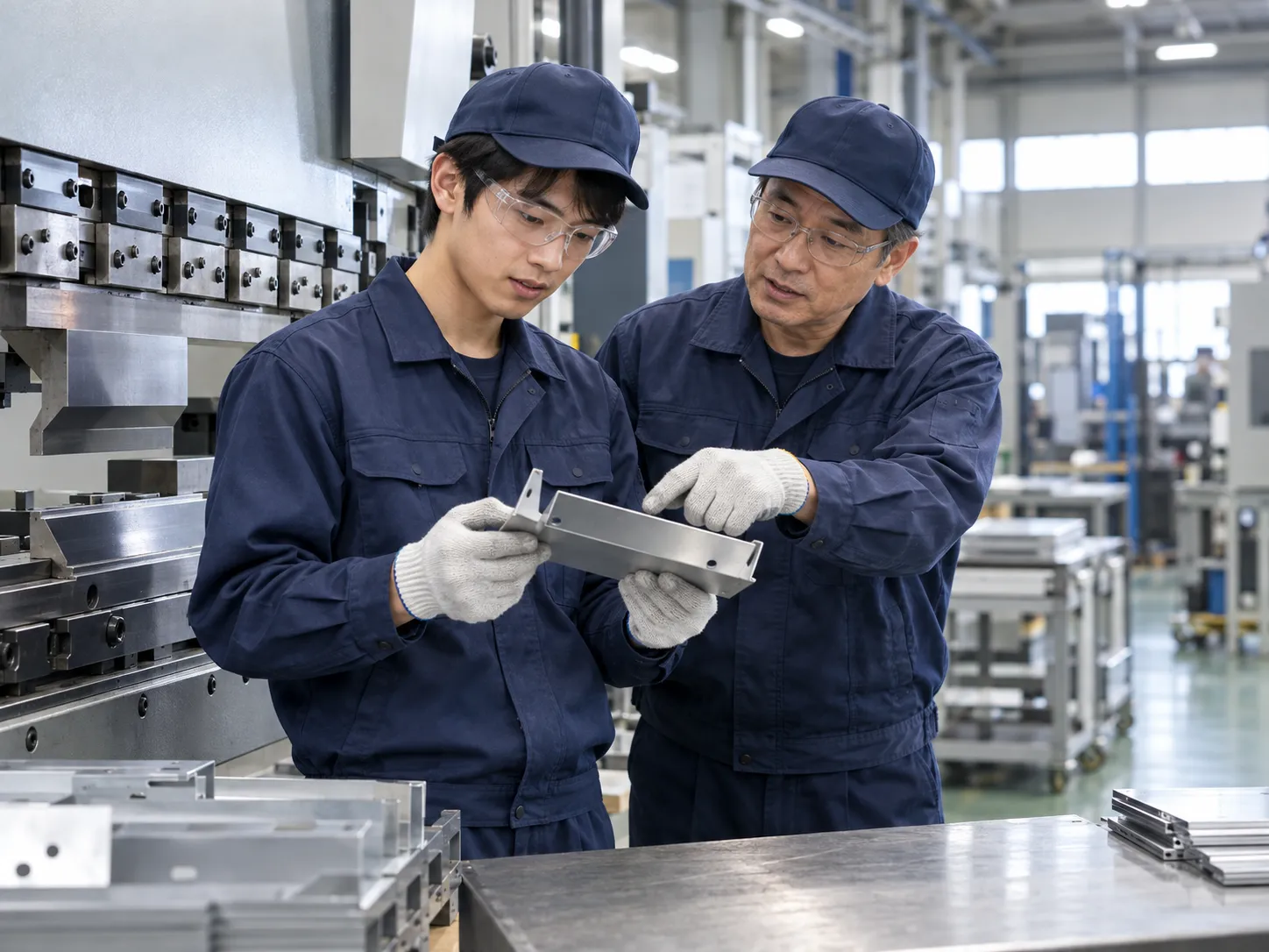 紺の作業着の若手社員が曲げ加工した部品を両手で持ち、隣の先輩社員が曲げ部分を指さして説明している
